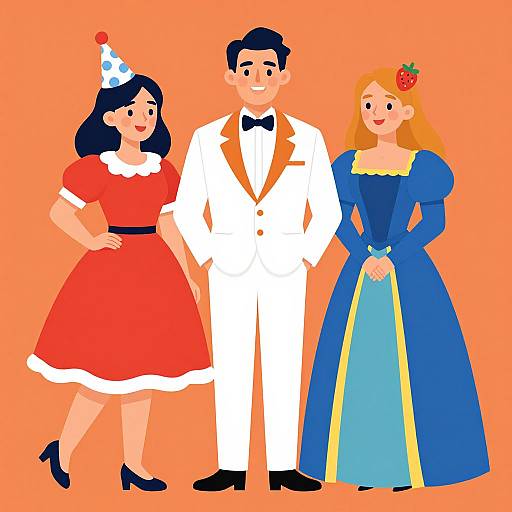 Cartoon-style illustration of a happy trio: a black-haired woman in a red dress and party hat, a black-haired man in a white suit,