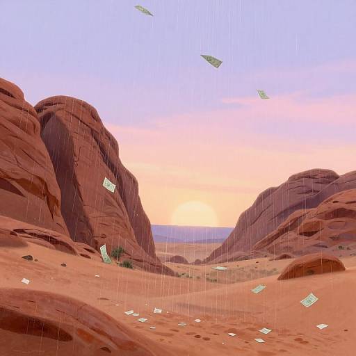 Digital art of a red desert canyon with scattered paper planes flying through the sky at sunset, creating a whimsical scene.