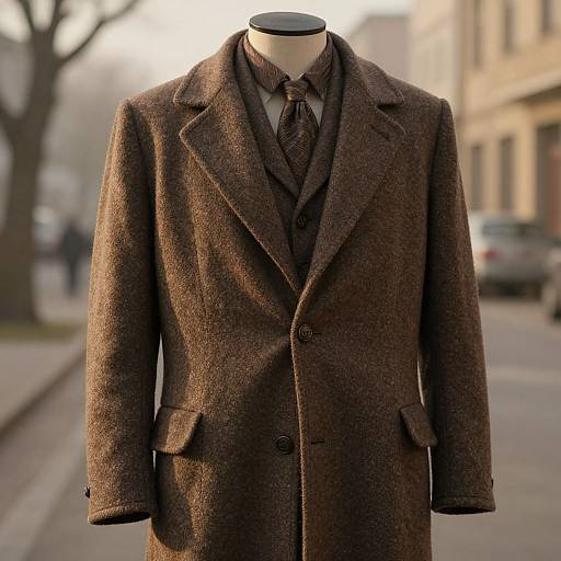 Photograph of a brown tweed three-piece suit on a headless mannequin, displayed outdoors on a city street with blurred background.