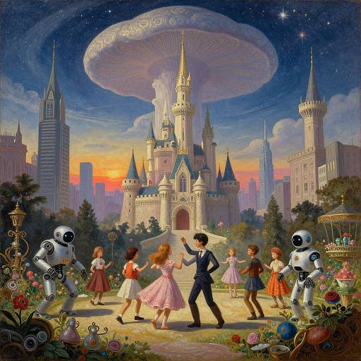Fantastical painting of children dancing with robots in a fairy-tale garden, featuring a glowing mushroom castle and sunset skyline.
