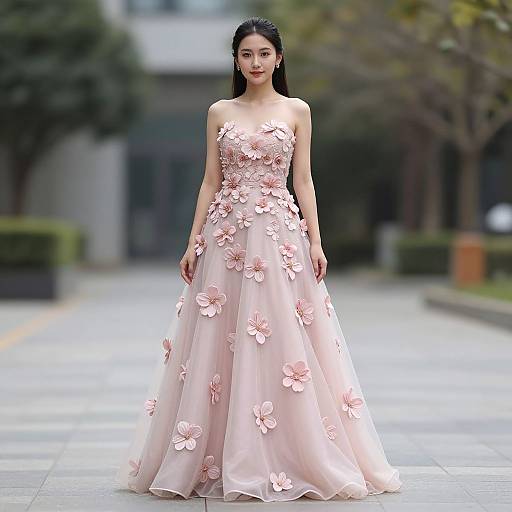Photograph of an Asian woman in a pink, floral-embellished, strapless ball gown, standing on a blurred urban street.