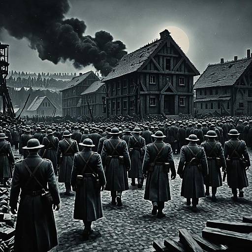 WWII Soldiers March in War-Torn Village