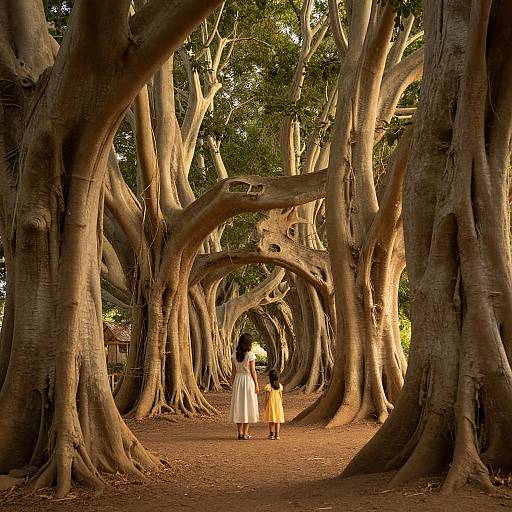 Photograph of two children, one in white and one in yellow, walking through a dense, arching banyan tree forest with sunlight filtering through