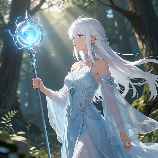 Digital anime-style artwork of a white-haired, blue-eyed mage woman in a flowing, light blue dress holding a glowing blue staff in a sunlit forest
