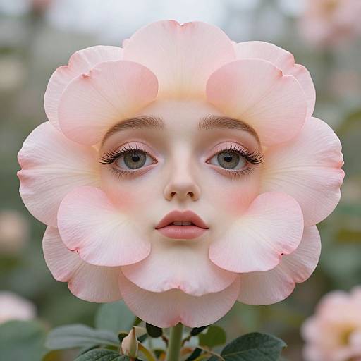Photograph of a realistic, fair-skinned face with large blue eyes, pink lips, framed by a pink rose bloom, set against a blurred green