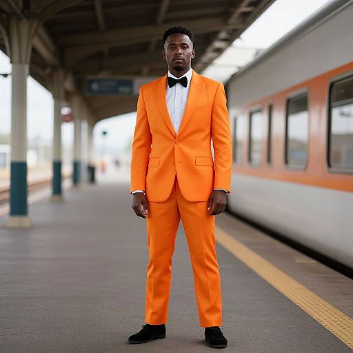 Photograph of a tall, dark-skinned man with short black hair, wearing a bright orange suit, black bow tie, and black shoes, standing