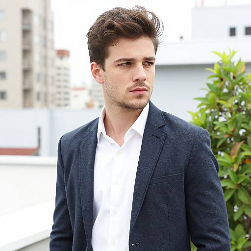 Photograph of a handsome young man with dark brown hair, light stubble, wearing a navy blazer and white shirt, standing outdoors with blurred city
