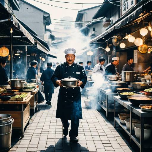 Asian street chef carrying steaming pot
