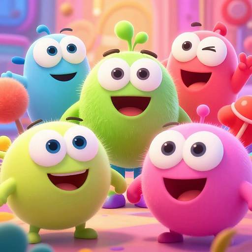 CGI image of five colorful, fluffy, round alien characters with large eyes and happy expressions, standing in a vibrant, cartoonish background.