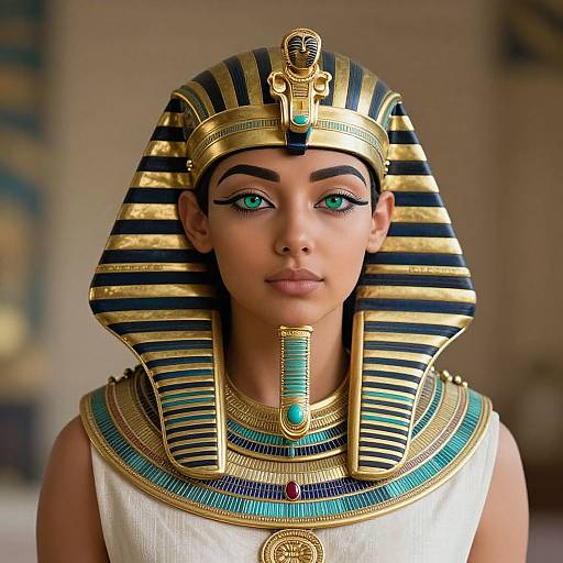 Photorealistic digital image of an Egyptian woman with dark skin, green eyes, wearing a striped nemes headdress, gold jewelry, and a white