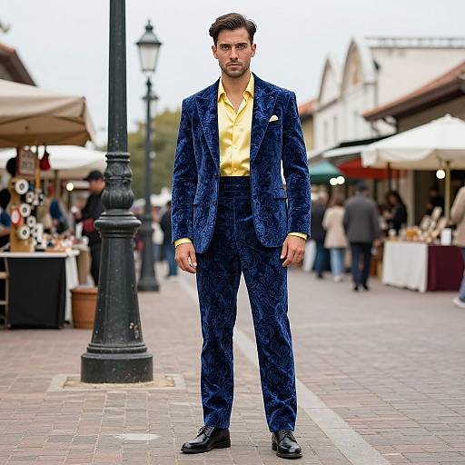 Photograph of a handsome man with short brown hair, wearing a blue velvet suit, yellow shirt, and black shoes, standing on a cobblestone