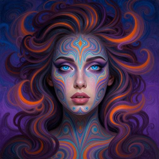 Digital painting of a woman with vibrant blue eyes, swirling orange and purple hair, and intricate blue and orange tribal face paint.