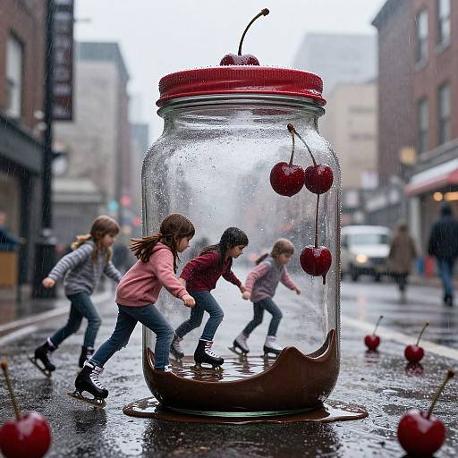 Photograph: Three children in pink and grey jackets, skating around a giant glass jar with red cherries and chocolate, on a rainy urban street.