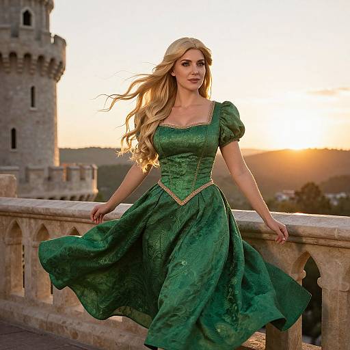 Photograph of a blonde woman with long, wavy hair in a green, Renaissance-style dress, standing on a stone balcony at sunset with a castle