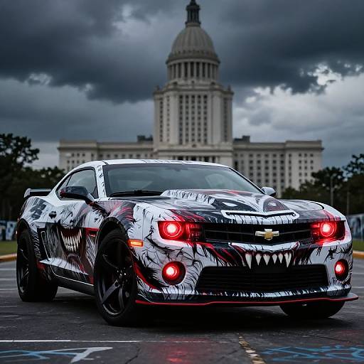 Photograph of a black-and-white camouflage Ford Mustang with red glowing headlights, parked in front of a grand dome building under a cloudy sky.