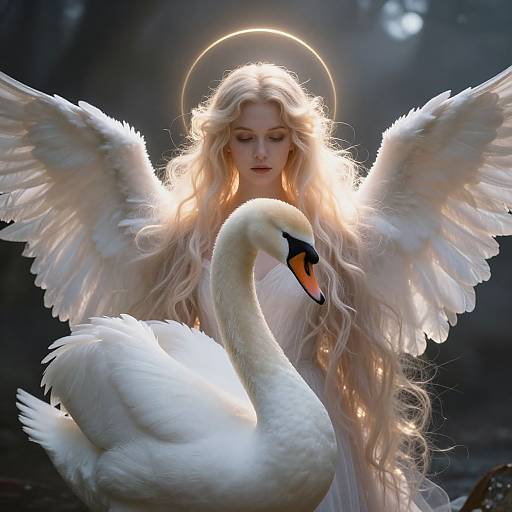 Photorealistic digital art of a blonde angel with glowing halo and wings, standing beside a white swan with an orange beak. Dark, mist