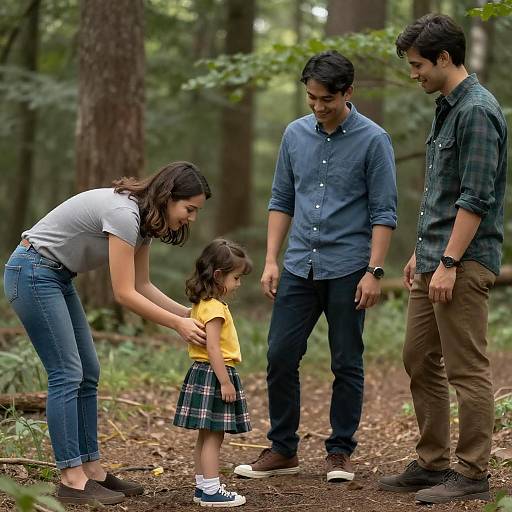 Photograph of a family in a forest: mother in white shirt and jeans, father in blue shirt, son in green shirt, young daughter in yellow