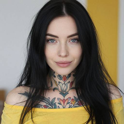 Photograph of a pale-skinned woman with long black hair, blue eyes, nose ring, and colorful floral neck and chest tattoos, wearing an off
