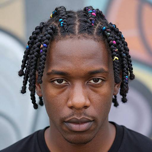 Photograph of a young Black man with dark skin, short twisted dreadlocks adorned with colorful beads, serious expression, wearing a black shirt, blurred urban