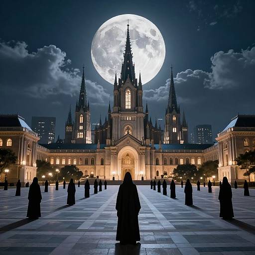 Photograph of a gothic-style cathedral with illuminated spires, silhouetted figures in hoods, and a large full moon in a night