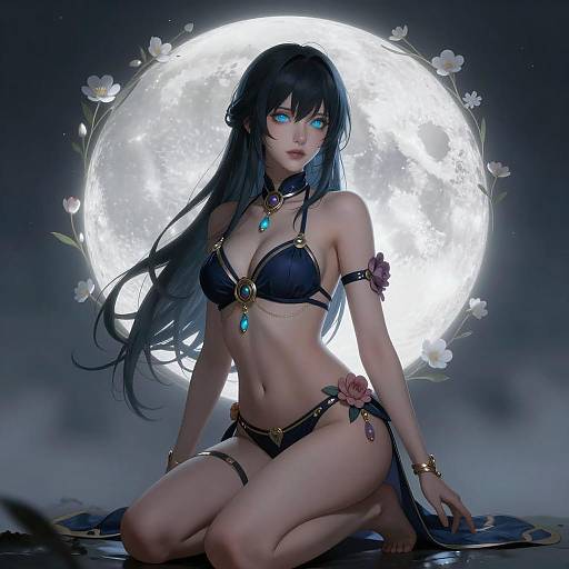 Fantasy Woman Kneeling with Glowing Moon