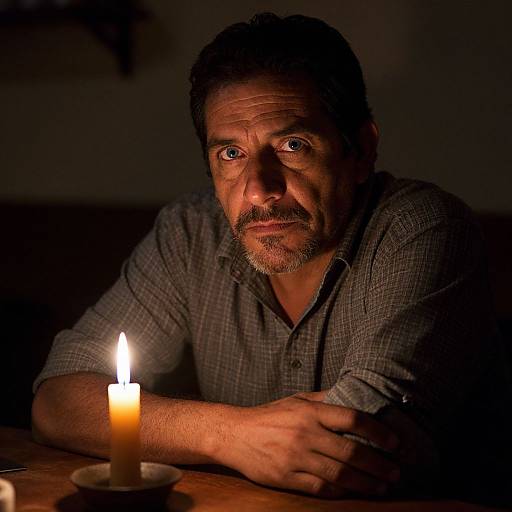 Photograph of a middle-aged man with a beard, wearing a checkered shirt, sitting in dim light, looking intensely at a single lit candle on