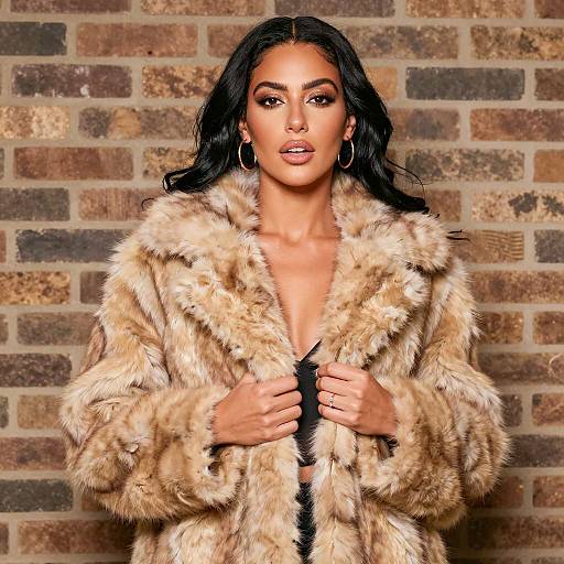 Woman in Fur Coat Against Brick Wall