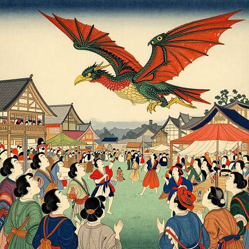 Traditional Japanese woodblock print: A red and green phoenix soars over a bustling village festival with crowd, colorful kimonos, and traditional buildings.