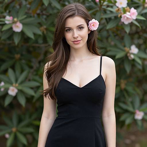 Photograph of a young woman with long brown hair, wearing a black spaghetti-strap dress, and a pink flower in her hair, standing against a