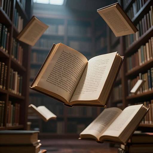 Photograph of open books floating in a dimly lit, wooden library with bookshelves in the background, illuminated by soft light.