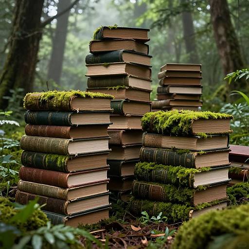 Moss-Covered Giant Books in Forest