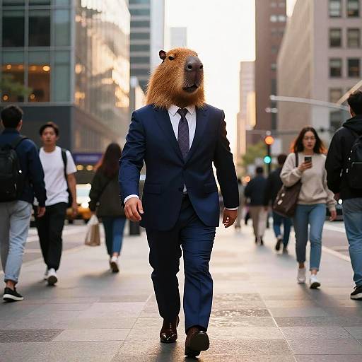 Photograph of a man in a blue suit, white shirt, and black tie, walking through a bustling city street at sunset, wearing a bear mask