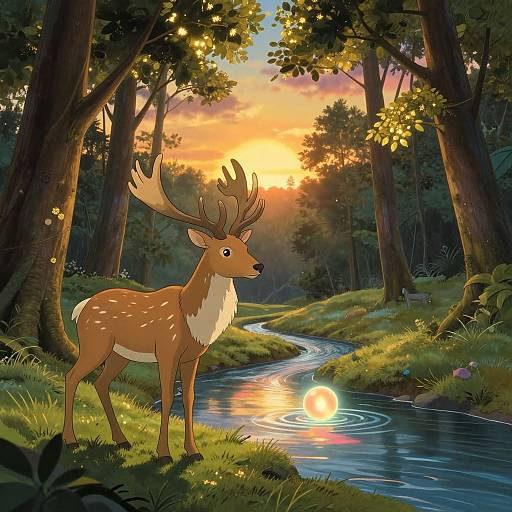 Digital illustration of a majestic deer with large antlers standing by a glowing sunset-lit forest stream, surrounded by trees and fireflies.