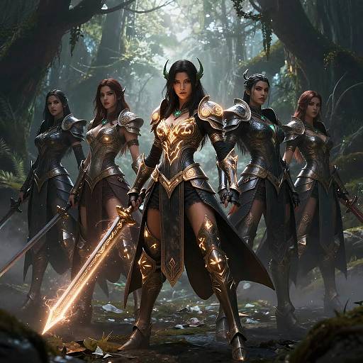 Digital fantasy artwork: Four fierce, armored women with horns and glowing swords stand in a misty, forested clearing, illuminated by sunlight.