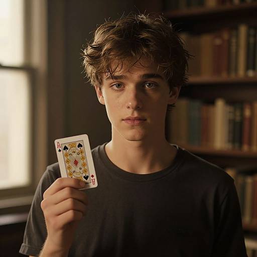 Young Adult Holding Vintage Card in Library