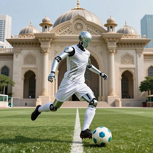 Photograph of a futuristic robotic soccer player in white uniform kicking a blue and white soccer ball on a grass field, with a grand, domed building
