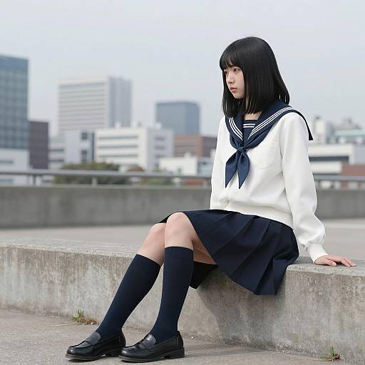 Japanese Schoolgirl Sitting on Concrete Ledge