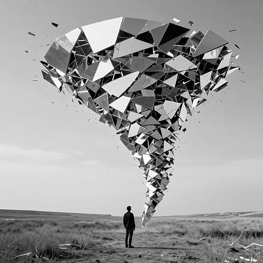 Black-and-white photograph of a silhouetted person standing in a grassy field, gazing up at a massive, swirling, metallic, geometric