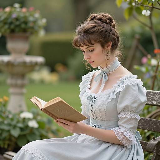 Photograph of a young woman with brown hair in a braid, wearing a light blue Victorian dress, reading a book on a wooden bench in a