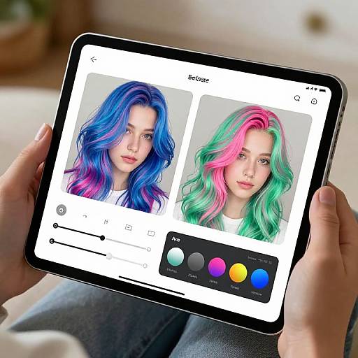 Photograph of hands holding a tablet displaying two colorful-haired women, one with blue and purple hair, the other with pink and green hair, editing app