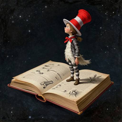Digital illustration of a girl in a striped suit, red hat, and scarf standing on an open book filled with illustrations, against a starry night background