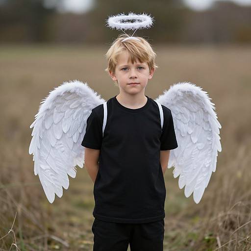 Photograph of a blonde boy with white angel wings and halo, wearing a black shirt, standing in a blurred field.