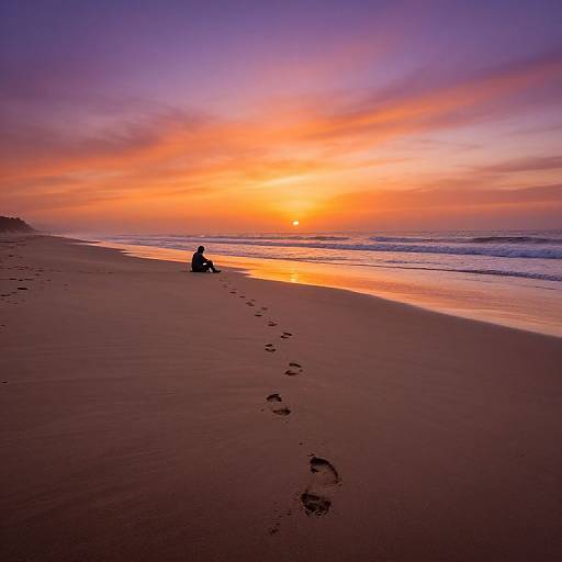 Photograph of a lone person sitting on a deserted beach at sunset, with footprints leading to them, vibrant orange and purple sky, and gentle waves