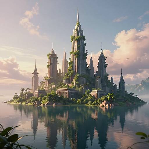Fantasy CGI image of a lush, towering, futuristic castle with greenery, surrounded by calm water, reflecting the structure, under a bright, cloudy