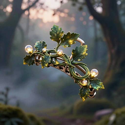 Photograph of a glowing, fairy-like, green vine branch with leaves and small lights, set against a misty, sunlit forest background.