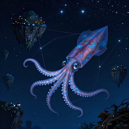 Digital artwork of a glowing blue and purple octopus with illuminated tentacles, floating among starry night sky and hovering UFOs.