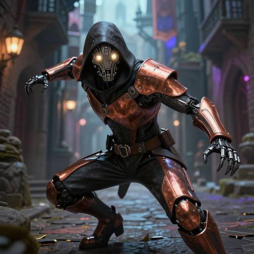 CGI image of a glowing-eyed, metallic-armored hooded figure crouching in a dark, futuristic alley with neon lights and misty atmosphere