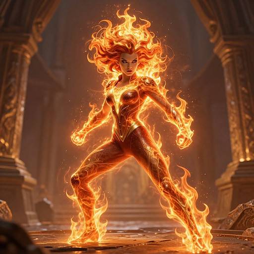 Digital artwork of a fiery, red-haired, muscular woman with glowing flames enveloping her body, standing in a grand, dark, ornate hall.