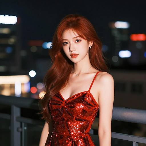 Digital art of an Asian woman with long red hair, wearing a sparkly red sequin dress, standing on a nighttime city balcony.