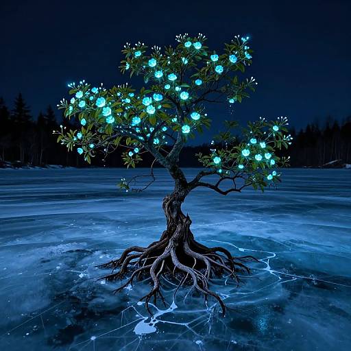 Photograph of a glowing blue-lit tree with ethereal lights, standing in a dark, icy, and reflective landscape at night.